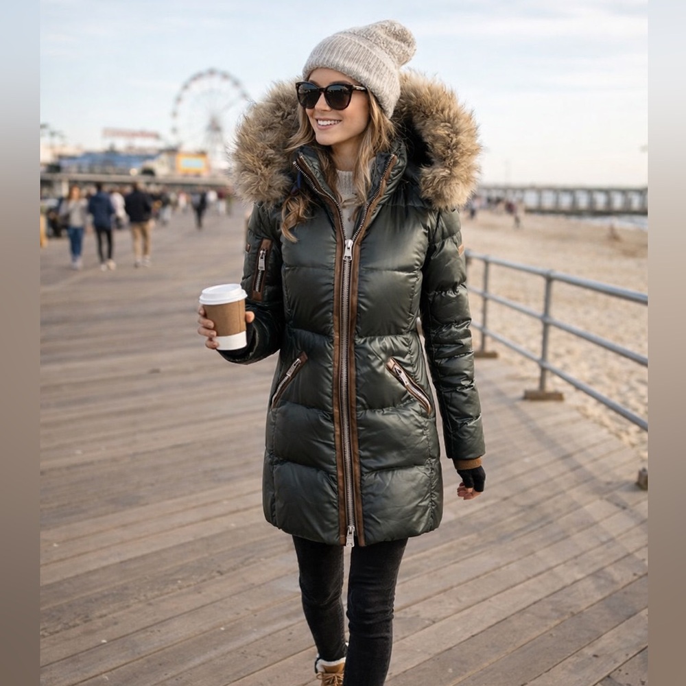 Nicole Benisti Down Puffer Coat | Fur Trim Hood | Leather Details | XS